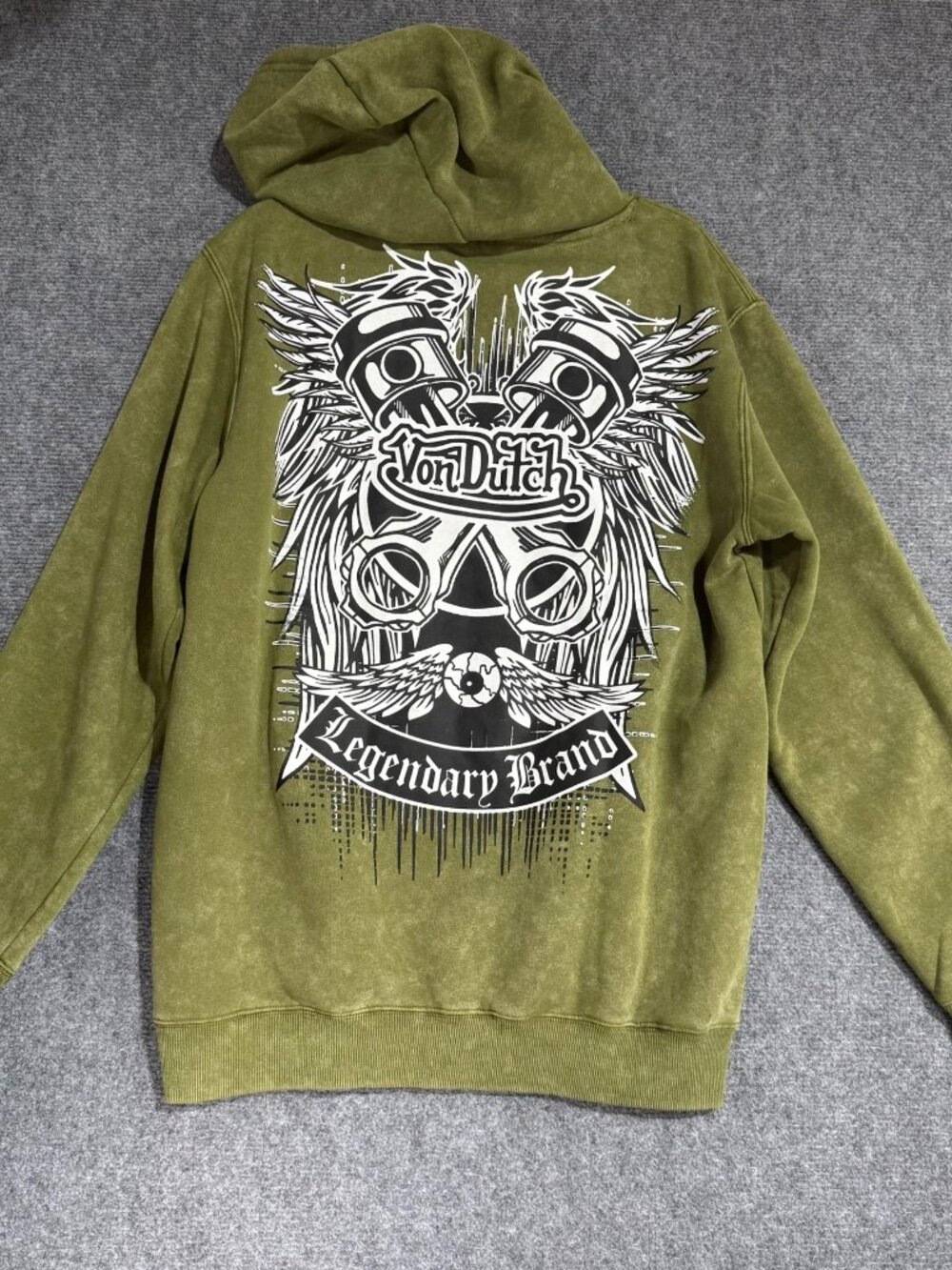 NWT Von Dutch Hoodie Mens Large Olive Mineral Wash Embroidered Logo Graphic Back